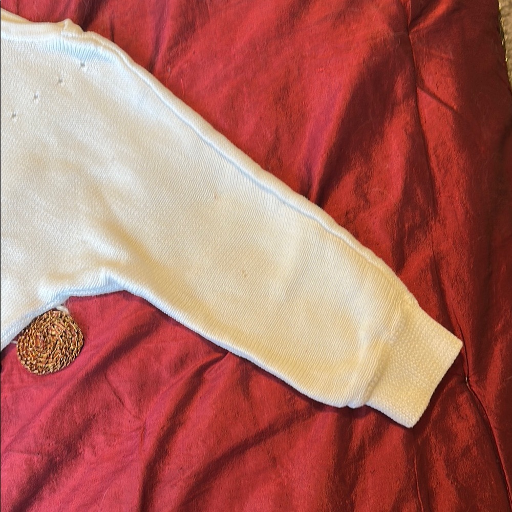 WHBM Elegant WHITE Sweater 3/4 Sleeves Beautiful Knit Design Band Bottom Sz M - Picture 6 of 8